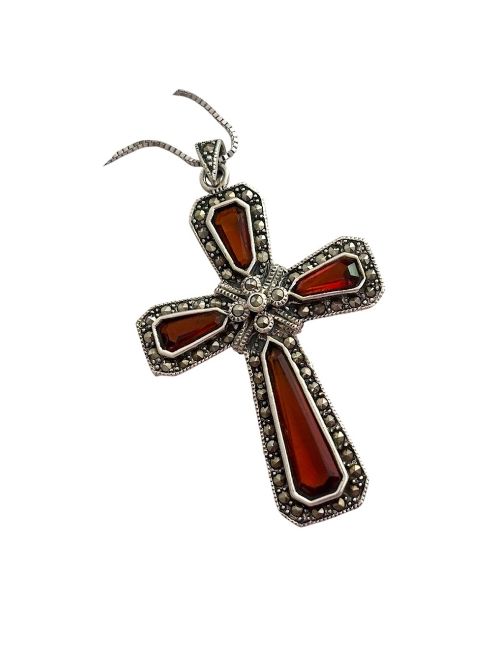 925 Sterling Silver Marcasite Cross Necklace Amber Cognac Stones Peru Chain